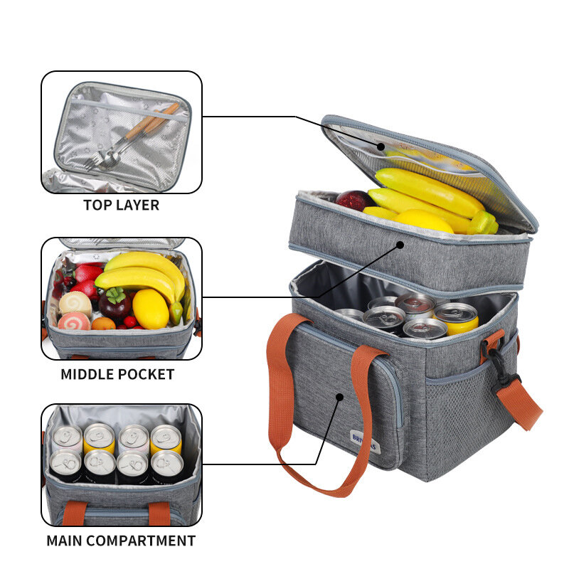 Grande capacidade Double Layer Crosbody Lunch Bags Isolamento térmico Piquenique Food Beverage Bag Saco de gelo ao ar livre Sacos de armazenamento de viagem