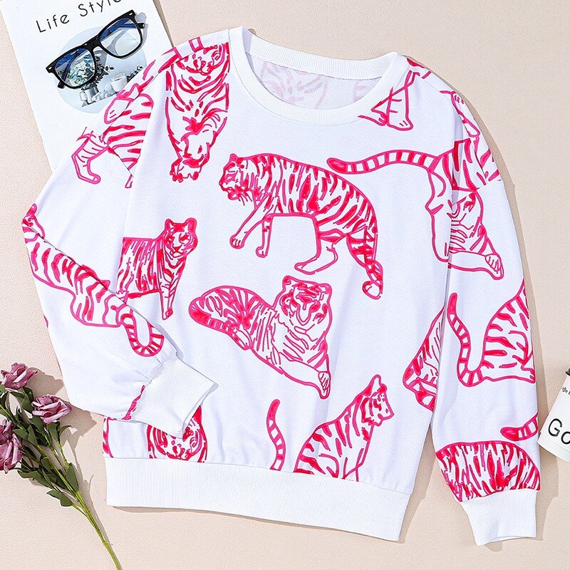2024 New Women's Pink Tiger Print Pullover O Neck Sweatshirts Loose Casual Tops Indie Spring Autumn Fashion Pullovers NASY0008