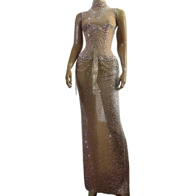 럭셔리 라인스톤 체인 투명 민소매 롱 드레스, 섹시한 저녁 생일 축하 무도회 드레스, 무대 착용, Fengshen