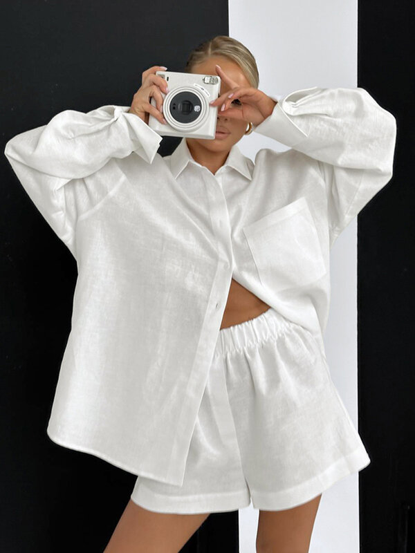 Marthaqiqi-Conjunto de pijamas soltos femininos, camisolas com gola virada para baixo, pijamas de manga comprida, shorts, casual, terno de pijama feminino, outono