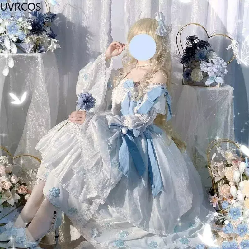 Victoriaanse Vintage Lolita Prinsessenjurk Vrouwen Lieve Elegante Kanten Strik Rose Bloem Fee Jurk Japanse Kawaii Avond Feestjurk