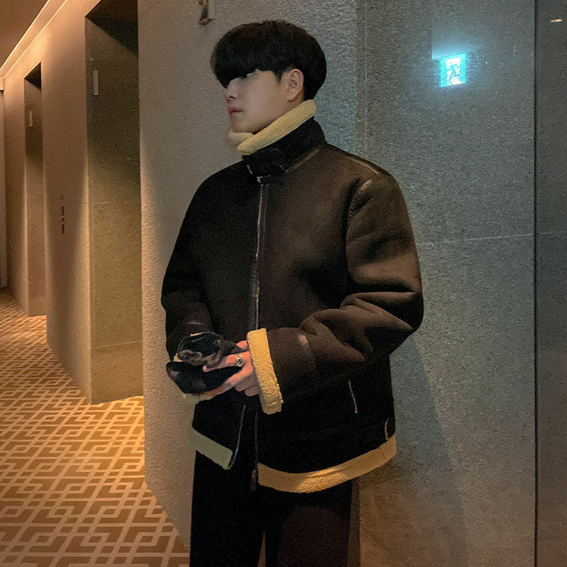 Куртка из овечьей шерсти и хлопка мужская зимняя Корейская версия свободная облегающая меховая сплошная замшевая утепленная хлопковая куртка с воротником-стойкой