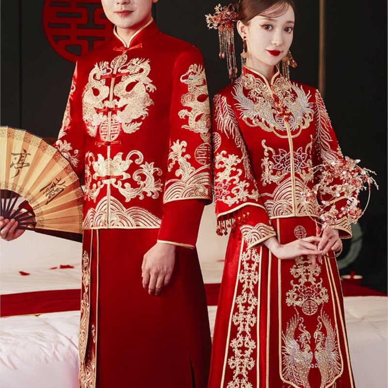 تنين وفينيكس ملابس الزوجين ، بدلة ثوب على الطراز الصيني الجديد