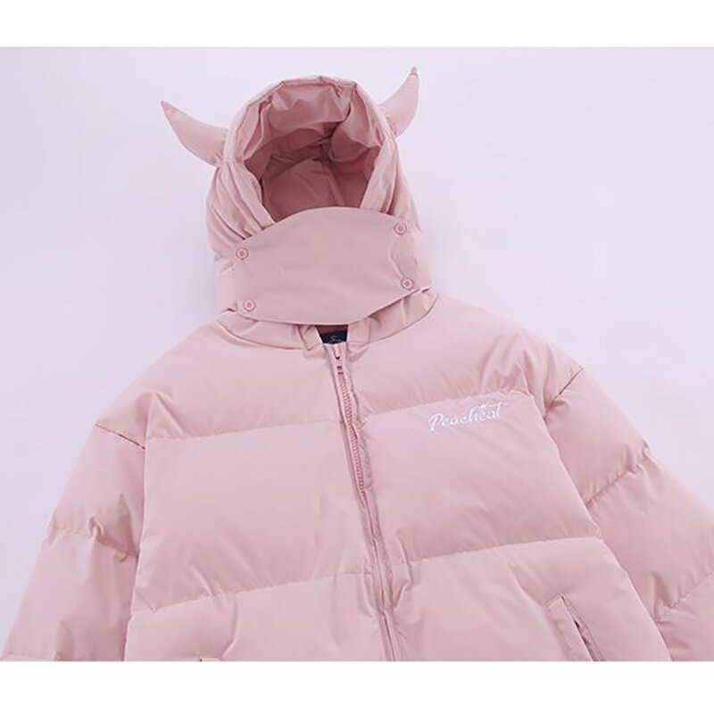 Парка с капюшоном для мужчин и женщин, зимняя однотонная хлопковая стеганая куртка дьявольского рога, свободная пуховая верхняя одежда в стиле хип-хоп, Харадзюку
