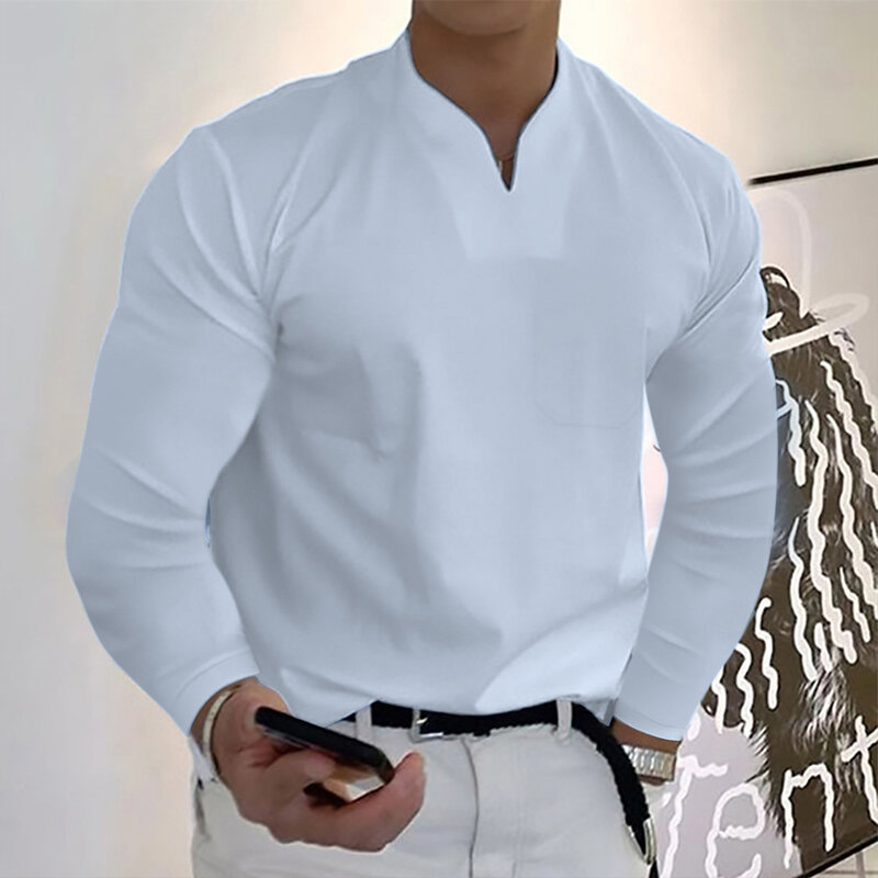 Camisas masculinas de manga comprida com decote V, camisas de gola fina, blusa de escritório, tops de algodão puro, camiseta casual, elástica, monocromática, outono