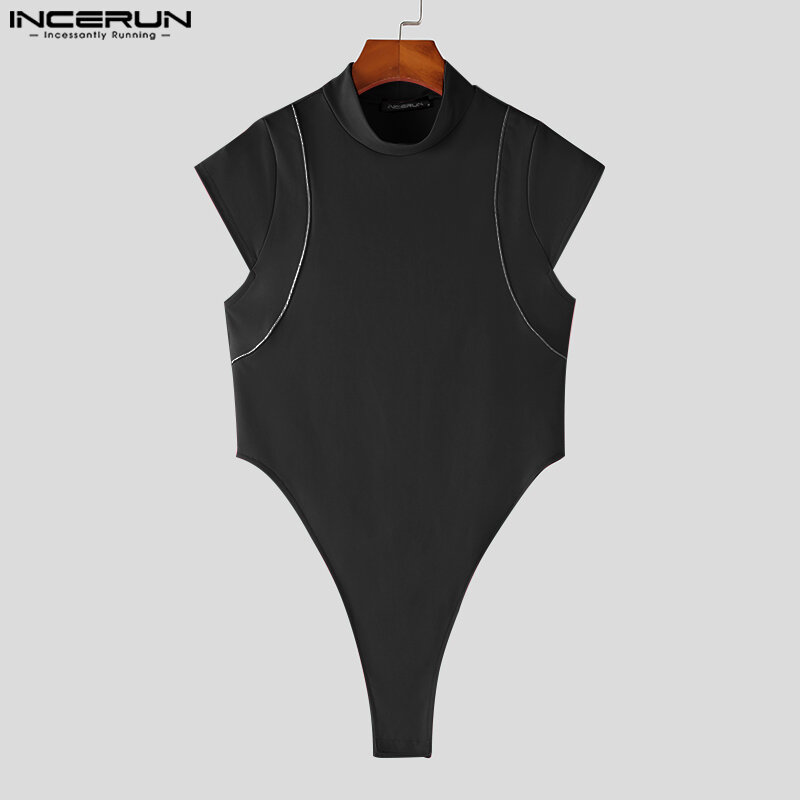 INCERUN 2023 American Style New Men's Homewear Jumpsuits Sexy Splicing Bodysuits Half High Collar Solid Sleeveless Rompers S-5XL