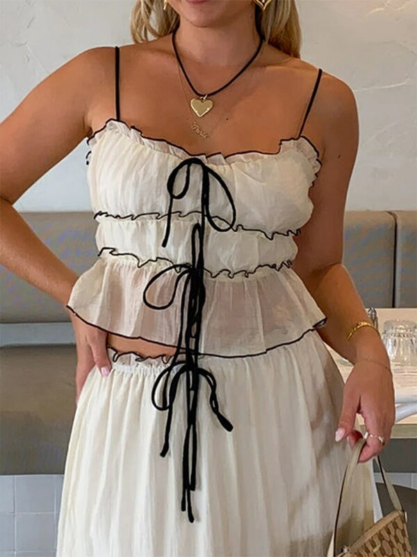 Biała plisowana krótkie bluzki długa spódnica garnitur damski szykowne falbany koronkowy bandaż zestaw letni damski elegancki 2-częściowy zestaw strój plażowy