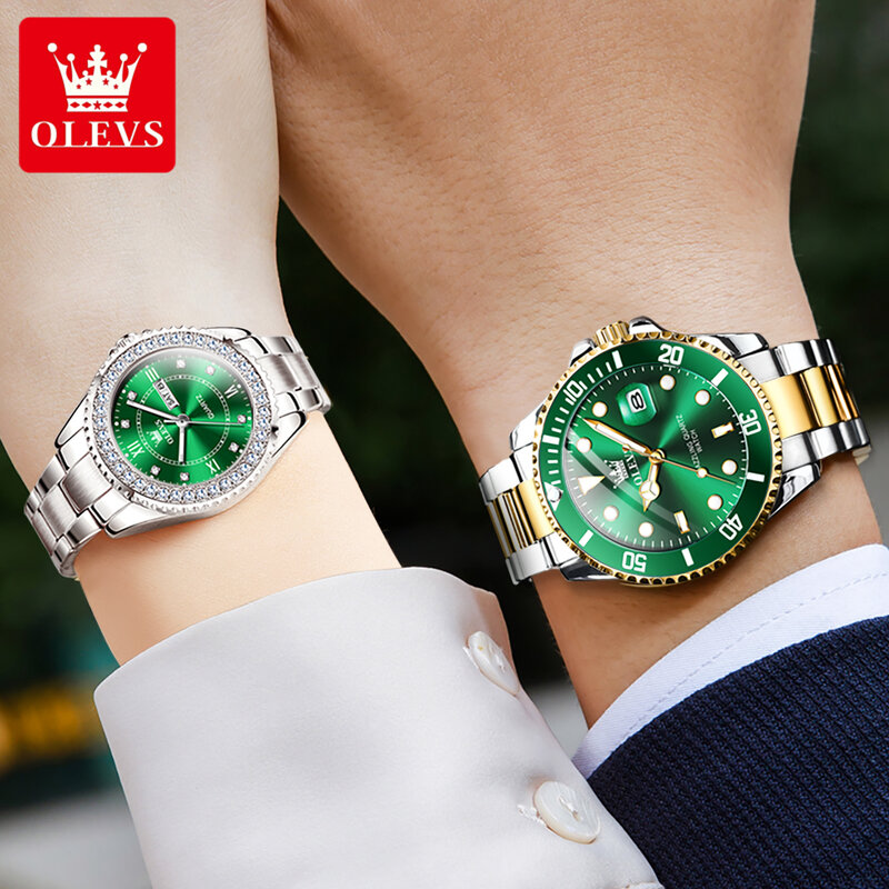 OLEVS นาฬิกาคู่แฟชั่นใหม่เอี่ยมสแตนเลสสตีลกันน้ำปฏิทินนาฬิกาข้อมือควอตซ์สุดหรูคู่รัก