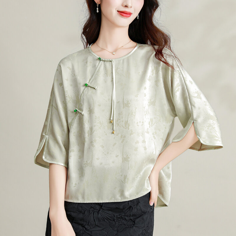 Satin Women's Shirts Spring/summer Flower Chinese Style Blouses Loose Vintage Women Tops Fashion Clothing YCMYUNYAN
