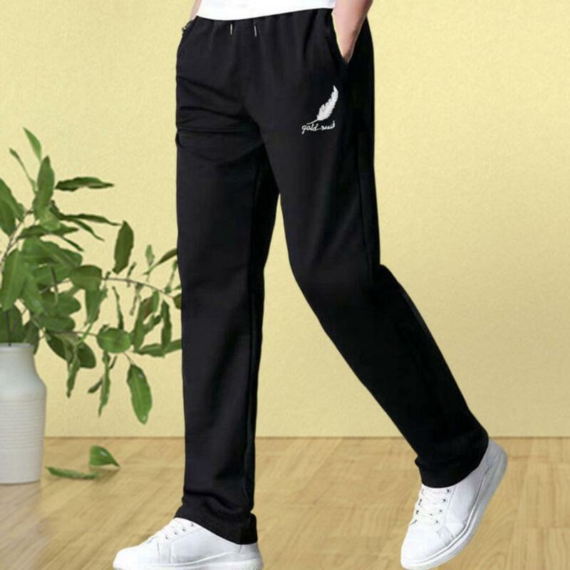 W połowie wzrostu z elastyczny pas kieszeniami z nadrukiem listowym męskie spodnie letnie długie spodnie dresowe z prostymi nogawkami