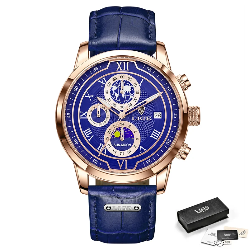 LIGE Leder Uhr Herren Luxus Marke Große Zifferblatt Uhr Männer Wasserdicht Quarz Armbanduhr Sport Chronograph Uhr Relogio Masculino