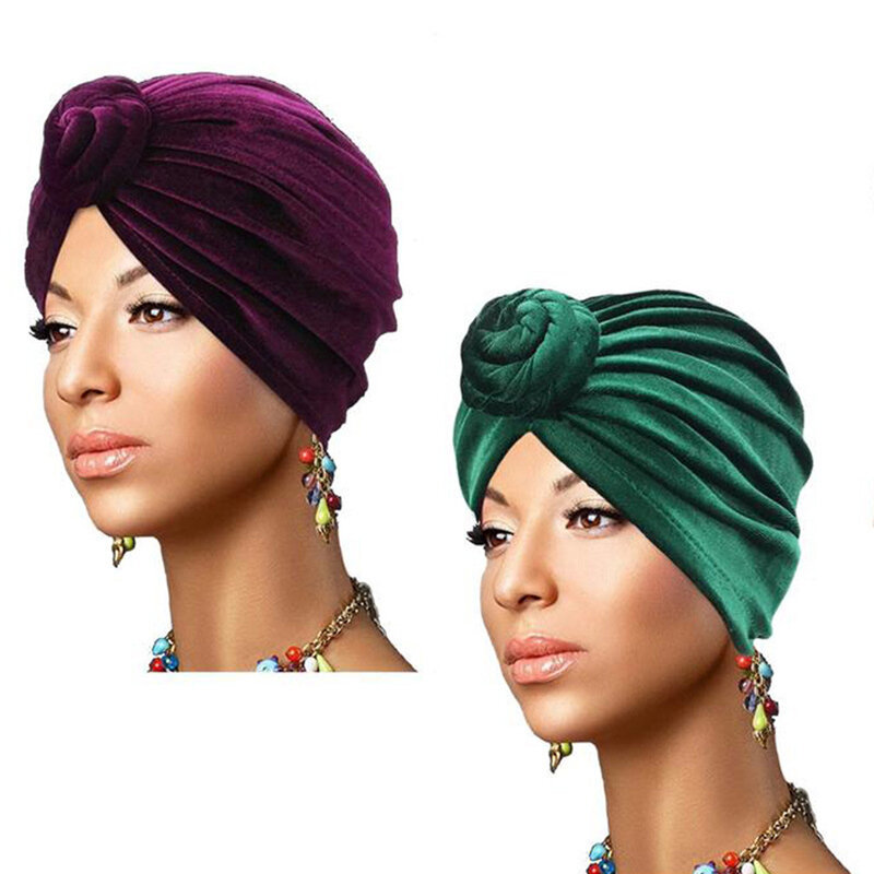 Women Stretch Turban Hats Velvet Solid Color Pre Tied African Knot Muslim Headwraps Elastic Chemo Covers Bohemian Beanies Caps