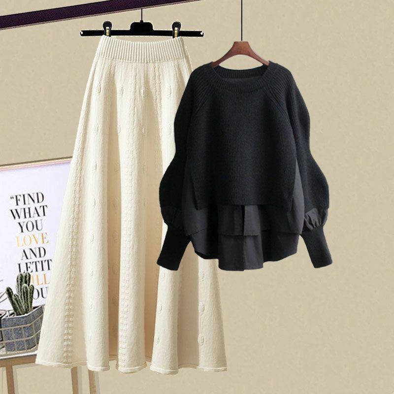 Moda outono e inverno terno feminino 2022 nova versão coreana solto e falso de duas peças camisola de malha casual saia conjunto de duas peças