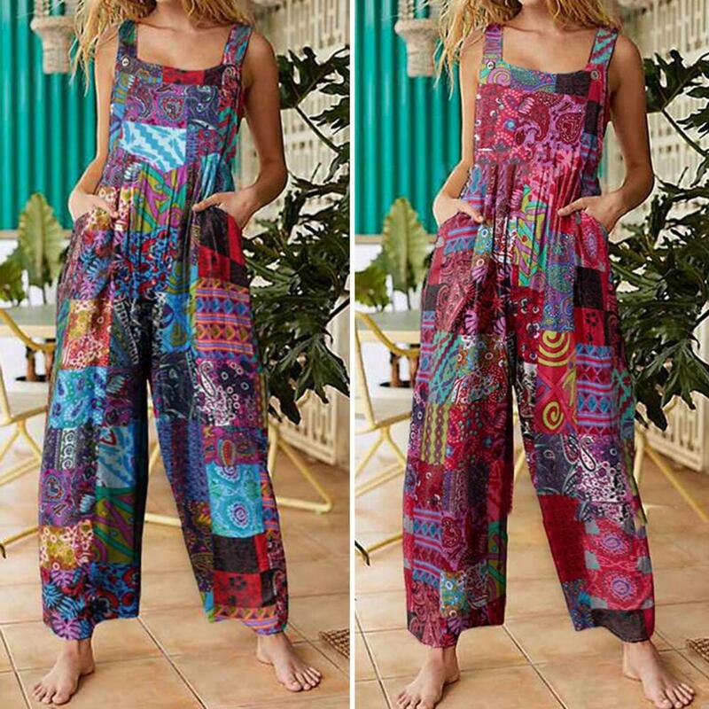 Women Ethnic Style Jumpsuits Summer Overalls Multicolor Square Neck Sleeveless Casual Rompers with Pockets for Girls Playsuit
