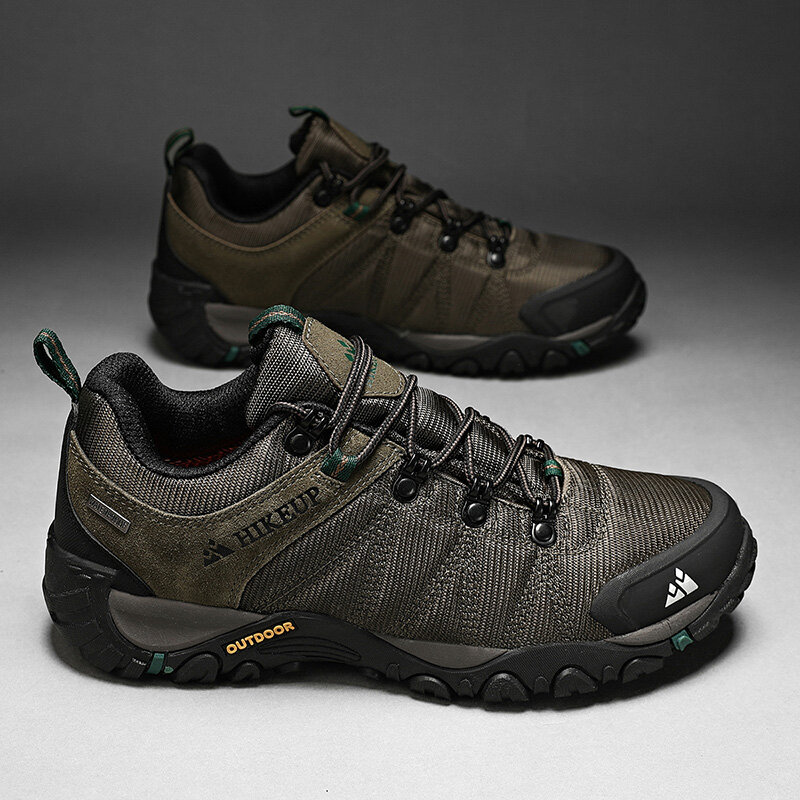 HIKEUP-zapatos de senderismo para hombre, calzado deportivo de cuero genuino, resistente al desgaste, con suela de goma, para las cuatro estaciones