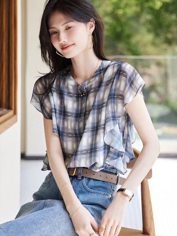 Zoki-Camisa de gasa con volantes para mujer, blusa informal de Manga mariposa, cuello redondo Simple coreano, Tops Vintage que combinan con todo, elegante