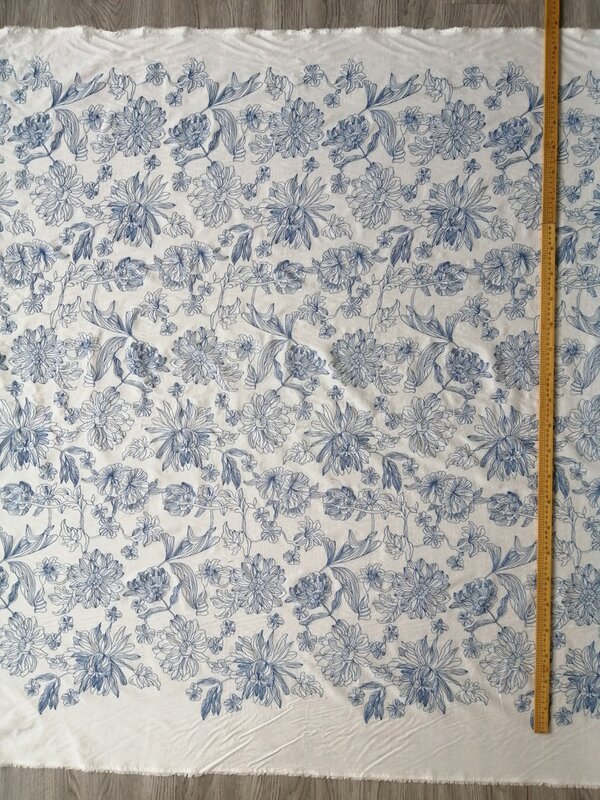 Kain bordir viscose katun gading biru atau Linen untuk pakaian Gaun Wanita dengan pola bunga besar jahit 2 meter