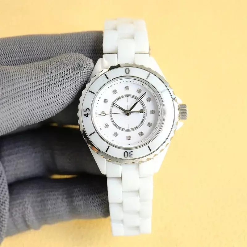 Reloj de cuarzo de lujo para hombre y mujer, pulsera de cerámica blanca y negra, con diamantes, a la moda