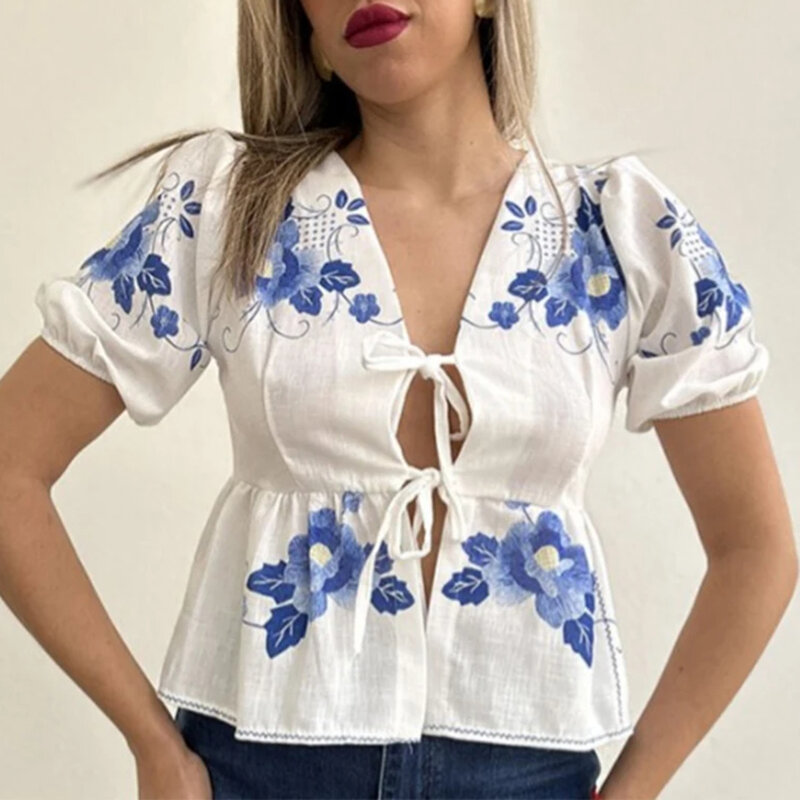 Women's Aesthetic Tie Front Ruffle Top Puff Sleeve V Neck Floral Print Casual Loose Shirt Summer Shirt