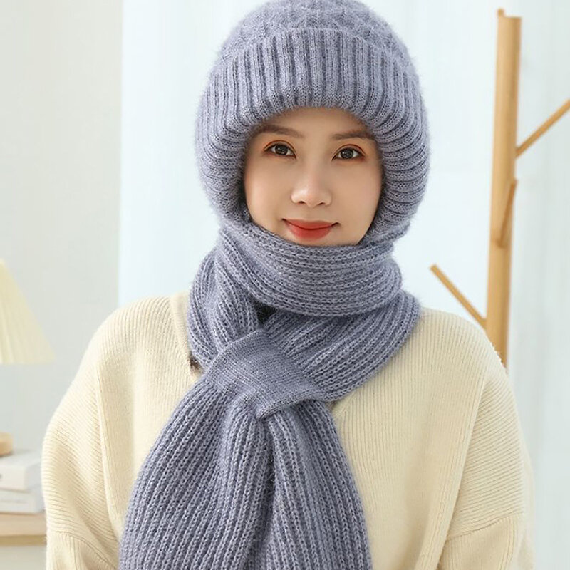 Fashion Winter Women Novelty Hat And Scarf In One Piece Knited Caps Warm Casual Hat Scarf Set Women Caps Warmer Cycling Hat