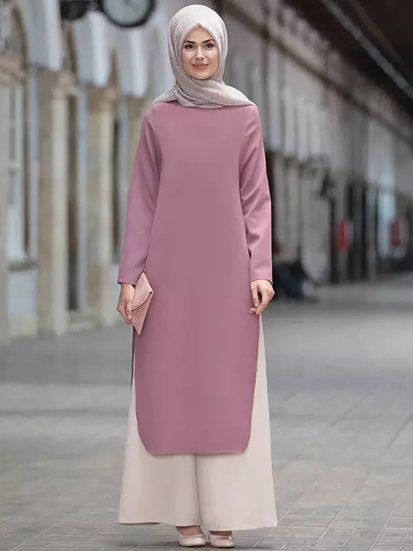 Sukienka Abaya z muślinu długie topy arabska turcja dubaj krótkie solidne boczne rozcięcie O Neck z długim rękawem Top Eid Ranmadan islamska odzież Ropa