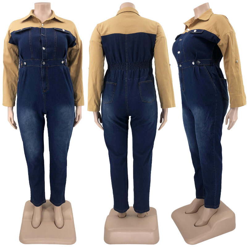 Plus rozmiar eleganckie kombinezon na przyjęcie dla kobiet Patchwork jednoczęściowy strój 2023 wiosna kobiet Jean kombinezon Lady projektant spodnie dżinsowe