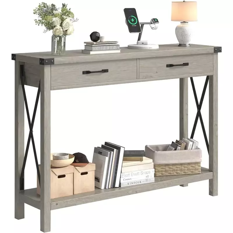 Sofa table, farmhouse console table with drawers, living room wooden sofa table, entrance hall, grey