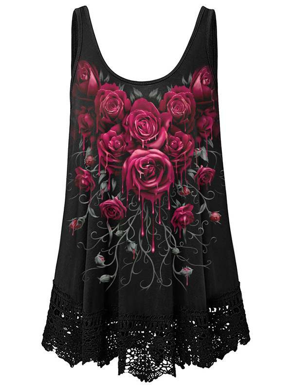 Plus Size PYL Hot Womens Floral Printed Sleeveless Tank Tops Vests Ladies Loose Lace Summer Vest Camisole Summer Holiday Beach