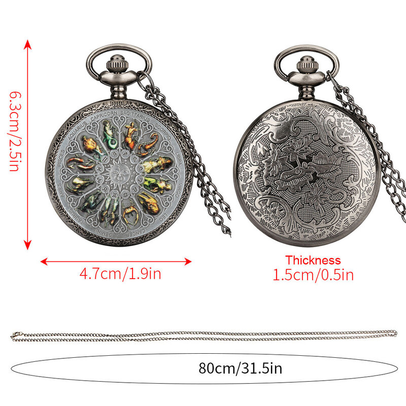 Zwölf Konstellationen Serie Souvenir Münze Muster Quarz Halskette Taschenuhr Vintage Grau Schwarz Kette Anhänger Tasche Uhr