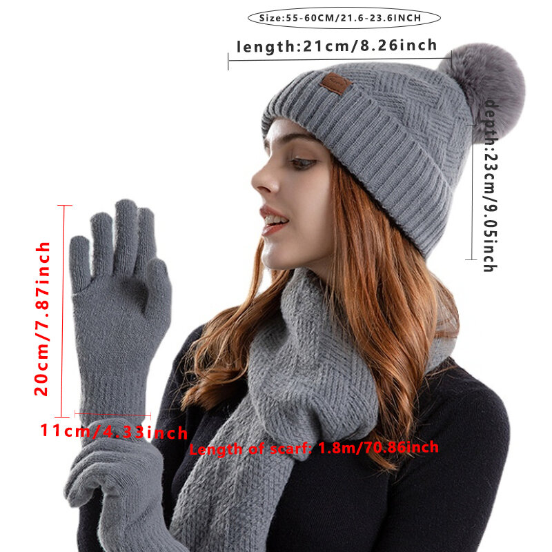 女性用ポンポン付き冬用手袋のセット,厚くて暖かいフリースハンドプロテクター,タッチスクリーン,フルフィンガー,3ピース/セット