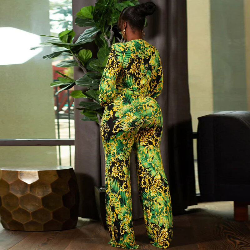 Plus size feminino 5xl macacão floral impressão de uma peça roupa feminina moda perna larga pant lady designer decote em v roupas por atacado