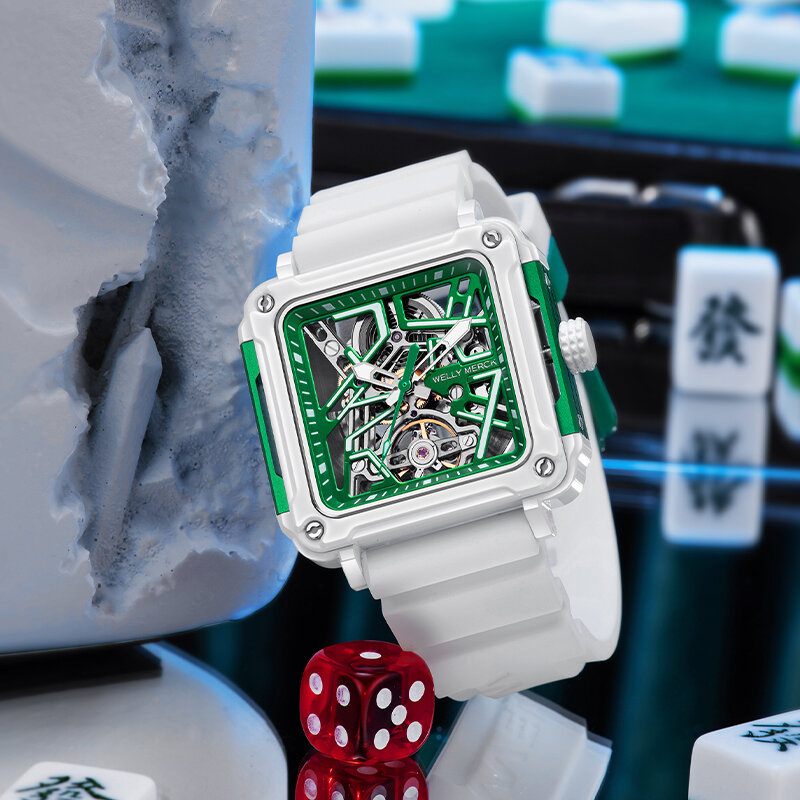 ساعة رجالية مربعة من الفولاذ المقاوم للصدأ، إصدار محدود من سلسلة Mahjong من Welly Merck، مقاومة للماء، بآلية حركة آلية