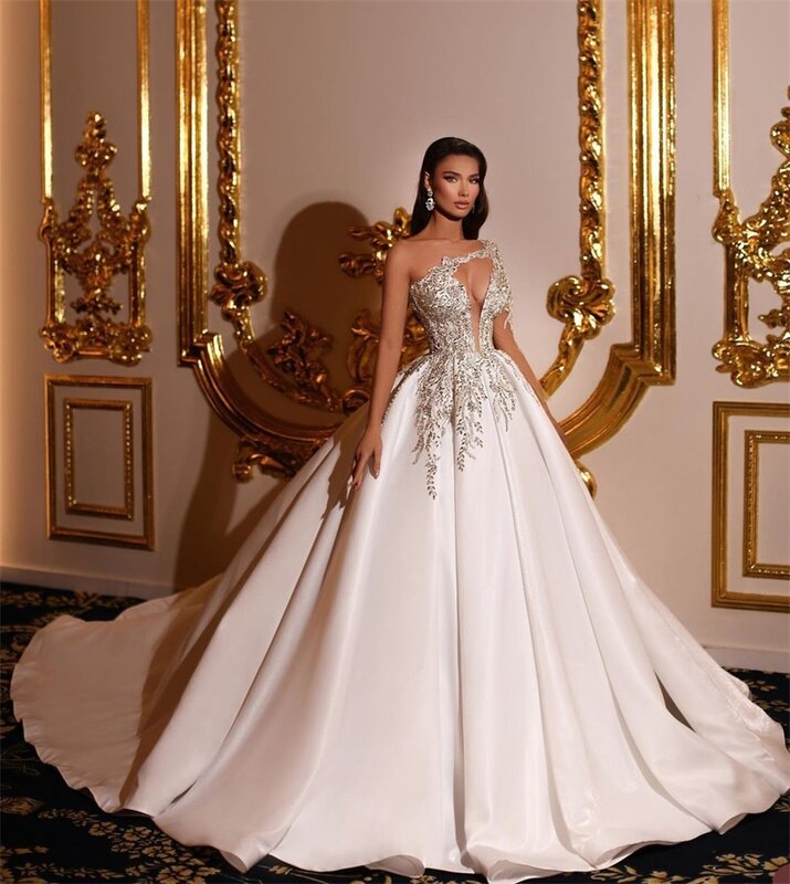 Gaun pengantin Dubai mewah gaun pesta manik-manik payet Glitter gaun pengantin satu bahu buatan khusus jubah belakang renda De marifee