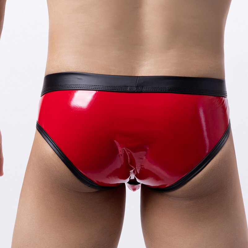 Gay Mens Underwear U Convex Big Penis Pouch Briefs Sexy Low Rise Contrast Color Bikini Bottoms Shiny Patent Leather Underpants
