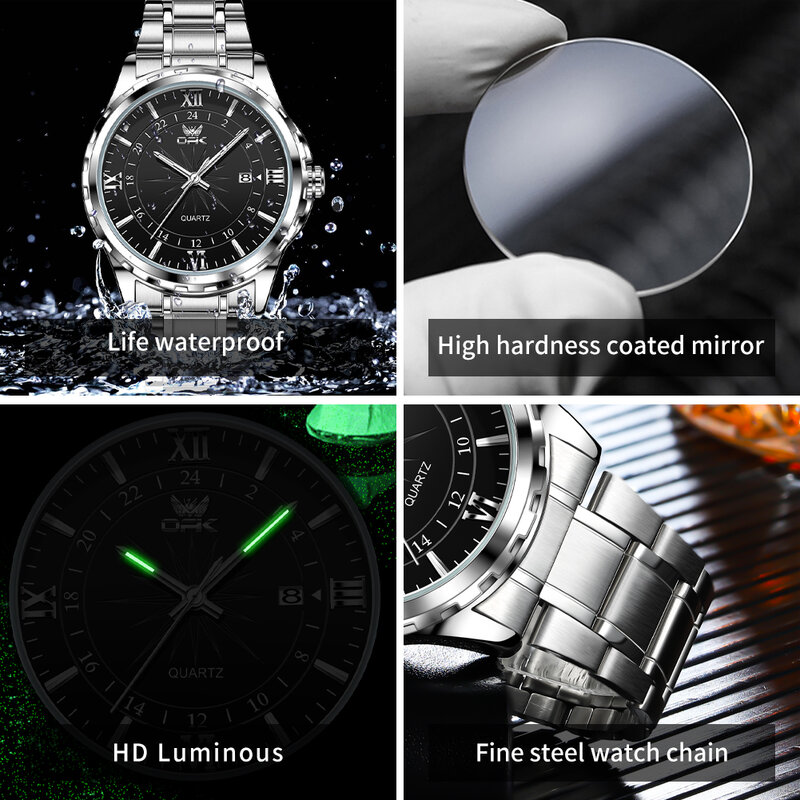 Opk-Men's防水クォーツ時計,高級,オリジナルブランド,カレンダー,発光,ビジネス,ステンレススチールストラップ,男性