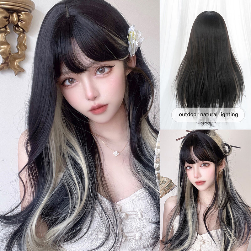 24Inch Black Highlight Flaxen Color Synthetic Wigs With Bang Long Natural Straight Hair Wig For Women Daily Use Heat Resistant