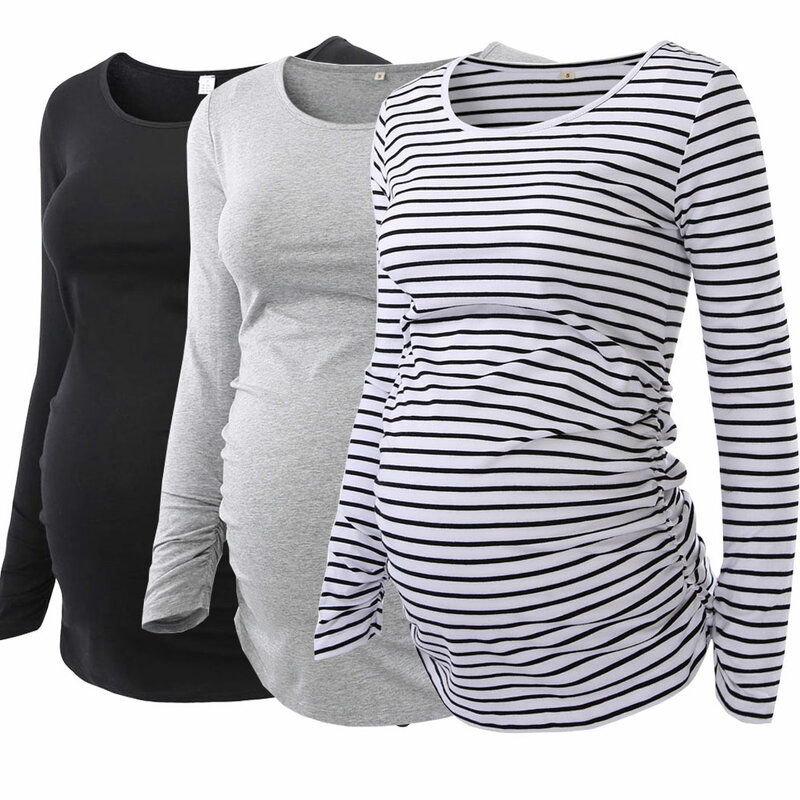 Ji & Si-camiseta de gravidez de manga comprida feminina, tops de maternidade, gola redonda, lado lisonjeiro, camisa de gravidez ruched, roupas casuais, 3 peças