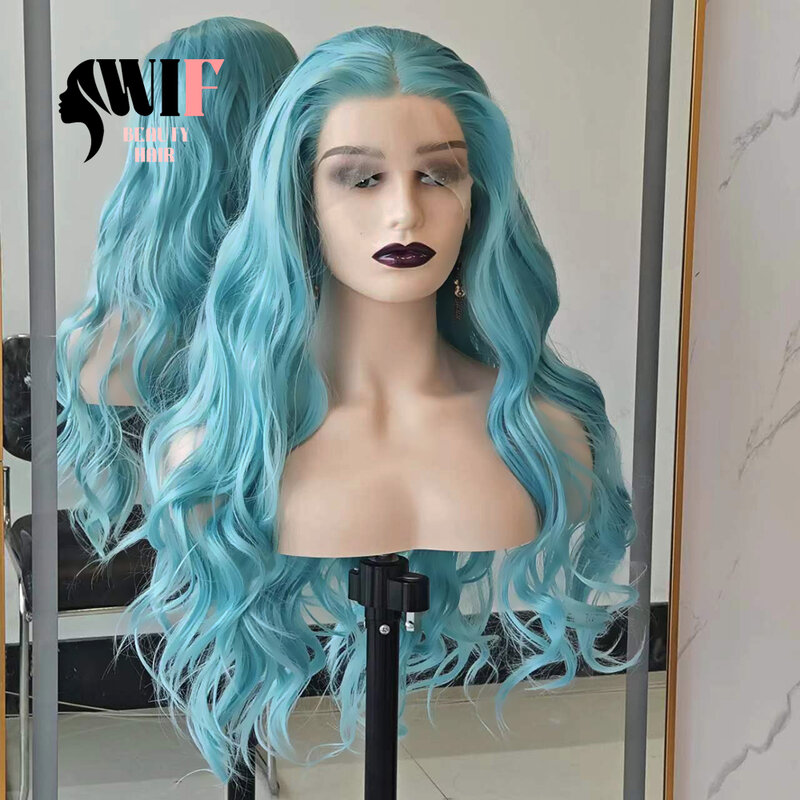 Wif Lake-شعر مستعار صناعي طويل من الدانتيل المتموج للنساء ، شعر مموج للجسم ، استخدام تأثيري ، ألياف حرارية ، بدون لاصق ، لون أزرق