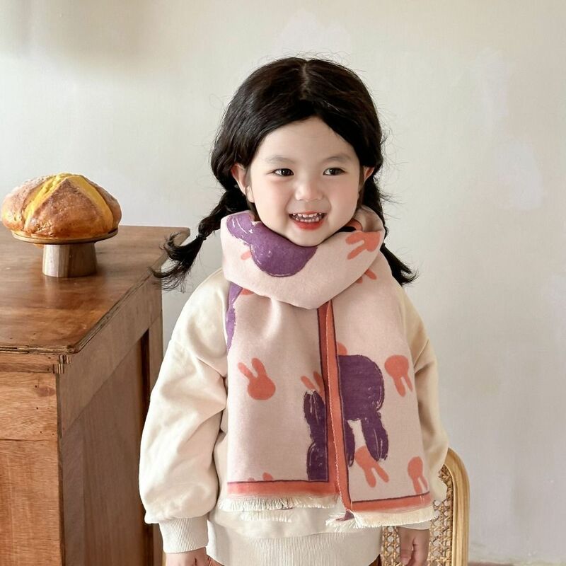 暖かいカシミヤスカーフ,パッチワークの色,子供用スカーフ,ウサギのプリント,ネックウォーマー,冬用