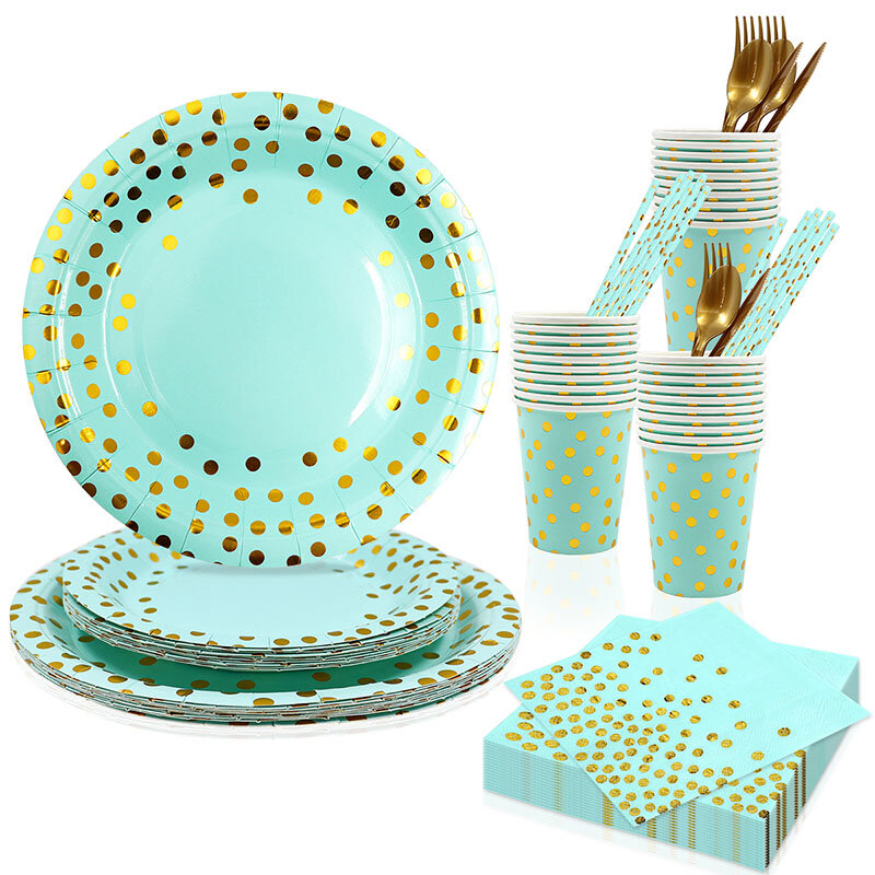 10 Guest Green Party Supplies Disposable Gold Dots Paper Plates Cups Knives for Baby Shower Wedding Party Bridal Shower Women