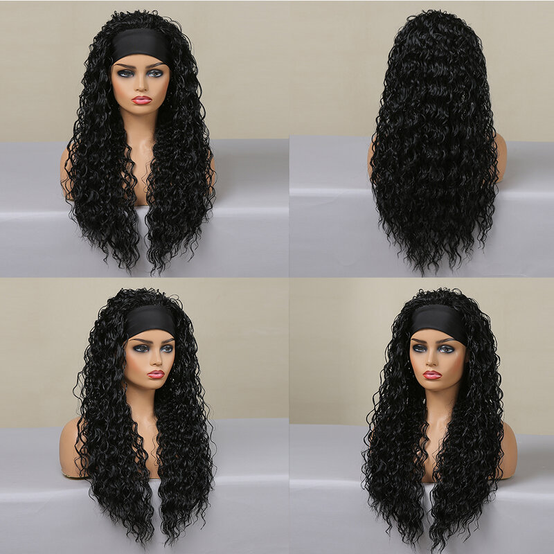 Pelucas sintéticas con diadema rizada para mujer, cabello largo negro Natural, cabello bohemio con ondas de agua profunda, cabello falso