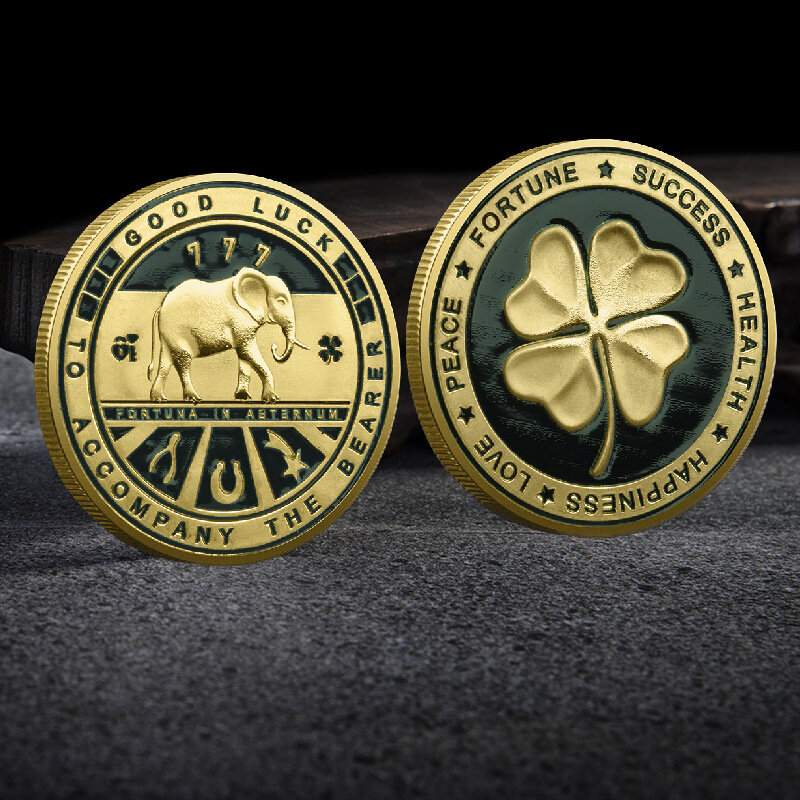 Elephant Decoration Commemorative Coin Crafts Metal Relief Painted Clover Colored Gold Coins 777 Lucky Collection Coins