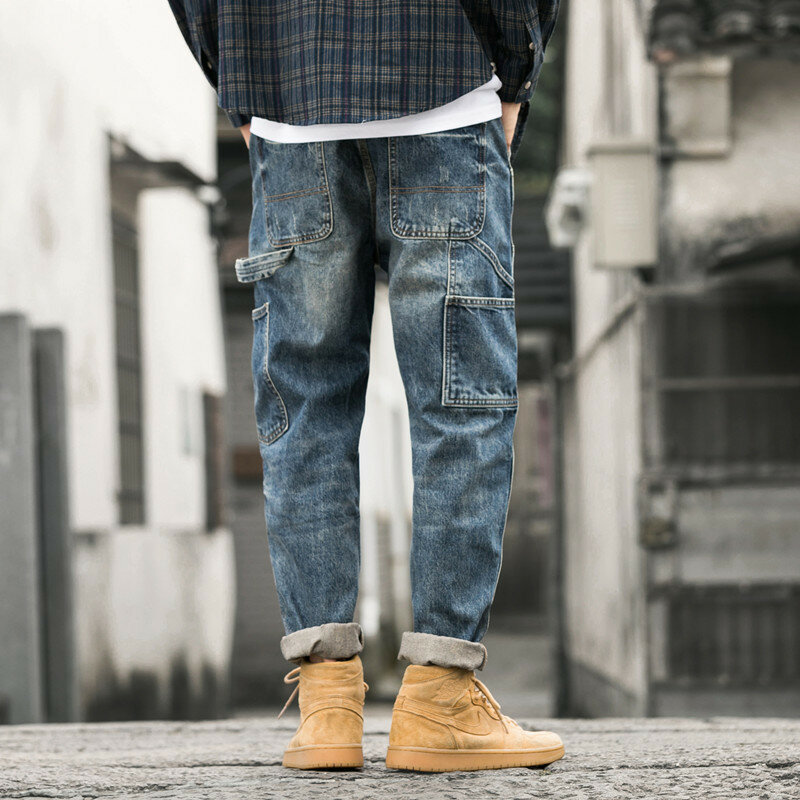 Casual Straight Baggy Designer Mens Loose Fit Harem Jeans Denim Pants with Retro Patchwork for Spring Autumn Cargo Pants for Men