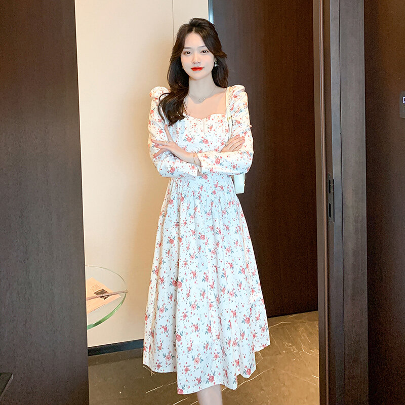 Regular A-line High Waist 2023 Fall French Retro Square Neck Print Gentle Wind Thin Floral Pleated Long-sleeved Chiffon Dress