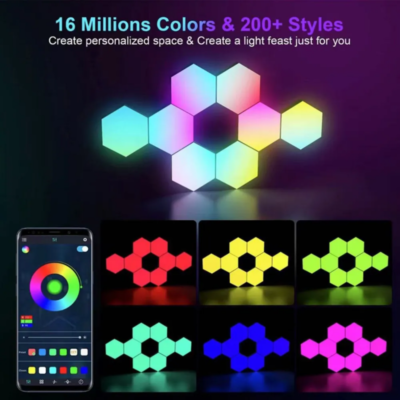 RGB Intelligent Hexagonal Wall Lamp Color-changing Ambient Night Light DYI Shape Music Rhythm APP Control For Game Room Bedroom