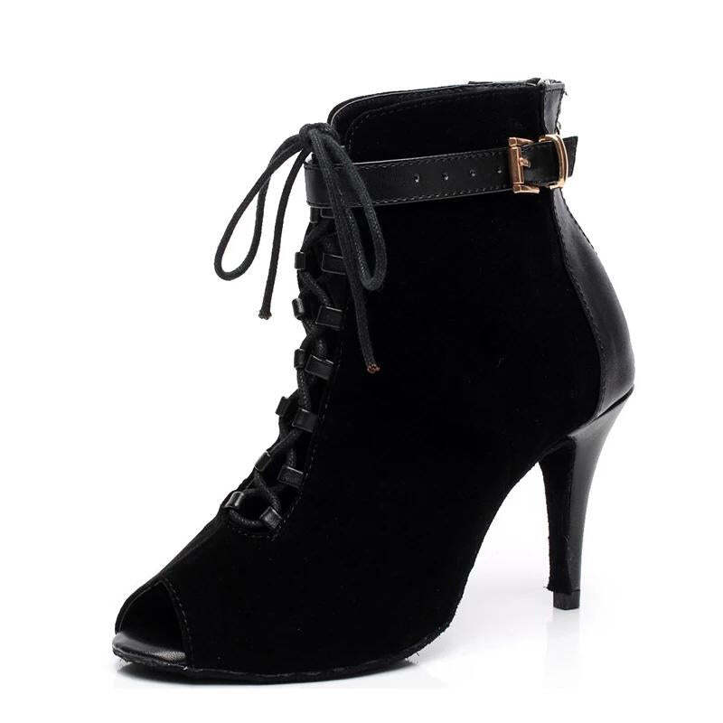 Woman Black  Latin Jazz Dance Shoes Open Toe High Heel Stiletto Bootie Girls Slim Heel 8.5cm/10cm Lace Up Dance Boots