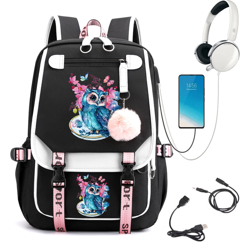 여아용 배낭 학교 가방, 10 대 부엉이 꽃, 애니메이션 백팩, 1 차 책가방, USB 충전 학교 배낭