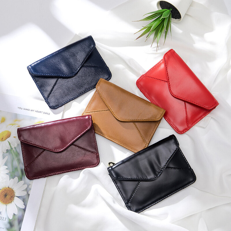 Vintage Oil Wax Leather Ladies Short Wallet Genuine Leather Women Coin Bag  Small Purse Envelope Style