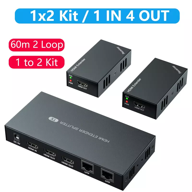 Przedłużacz ethernetowy 1080P HDMI przez kabel RJ45 Cat6 60m konwerter nadajnik i odbiornik wideo 1 do 2 zestaw 1x2 pętla HDMI 1 w 2 3 4 Out