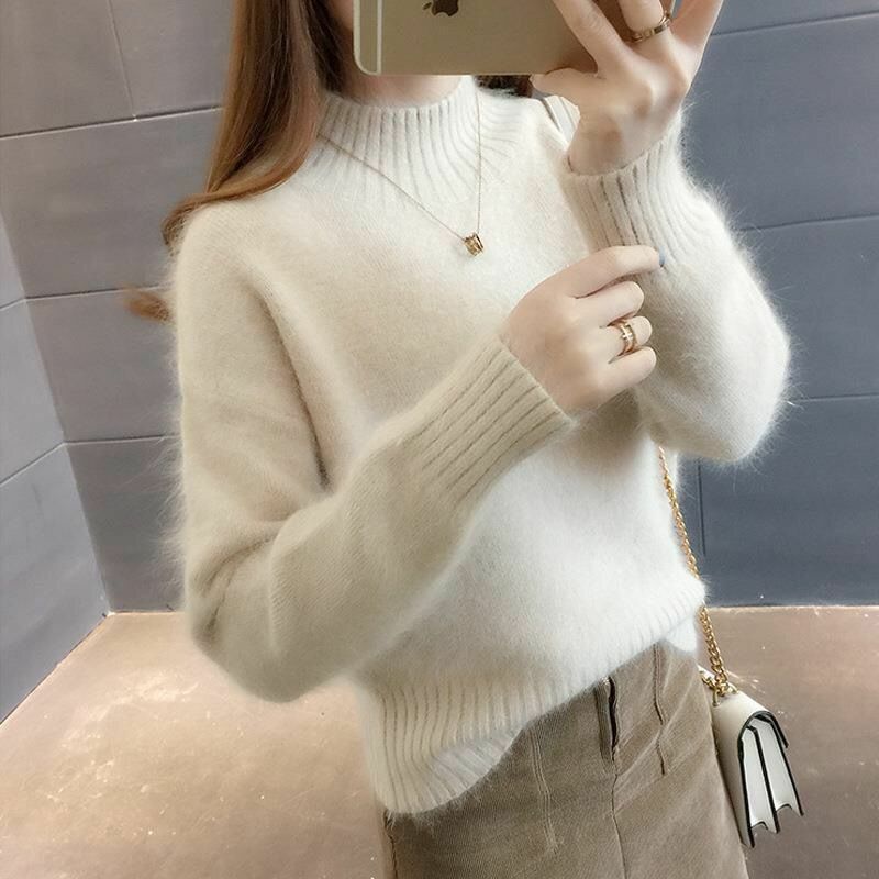 Autumn Winter Mink Cashmere Thick Sweaters Chic Ladies Cloths Half High Collar Screw Thread Street Casual 2022 New Simplicity